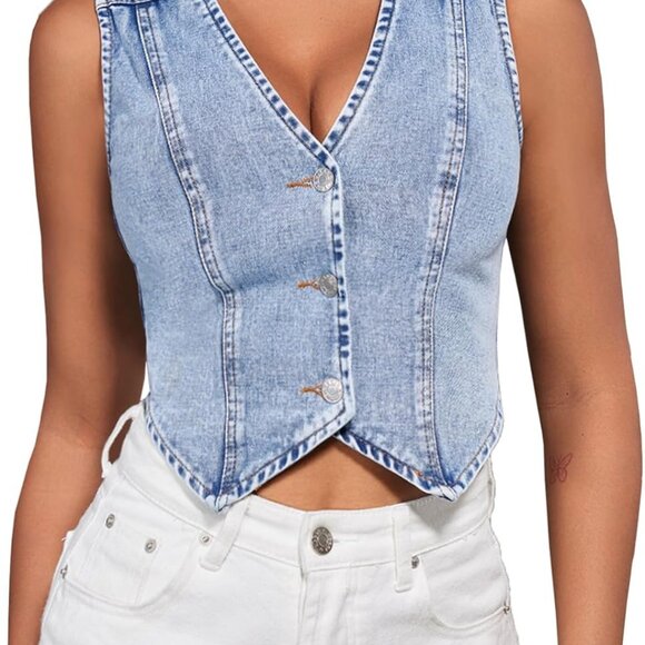 Jackets & Blazers - Trendy Y2K Women's Cropped Jean Vest - Sleeveless Button-Front for Modern Style